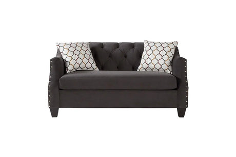 Bing Ash Grey Upholstered Tufted Loveseat, front angle showing tufted back