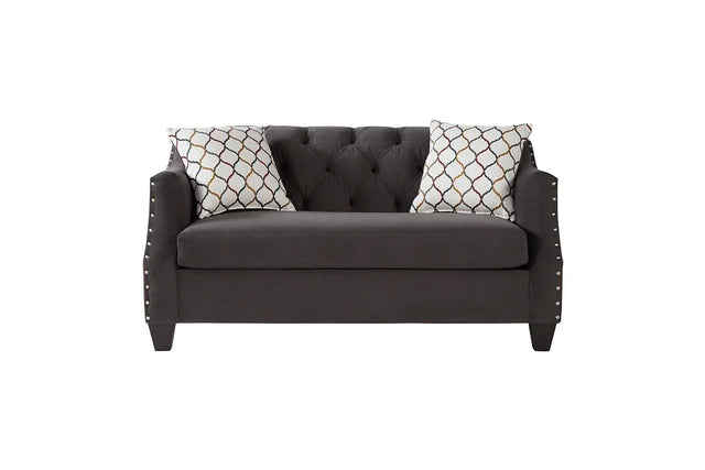 Bing Ash Grey Upholstered Tufted Loveseat, front angle showing tufted back