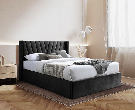 Ellie black upholstered queen bed with lift-up storage, angled front view