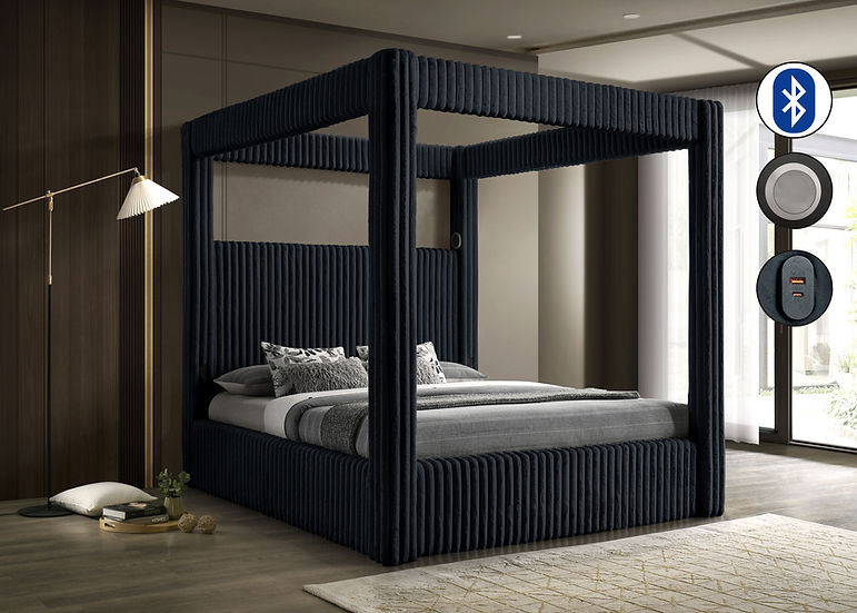 Atlam Black Upholstered Canopy Platform Queen Bed