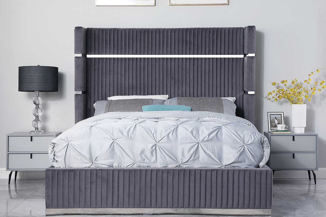 Aspen Gray Velvet Upholstered Platform King Bed