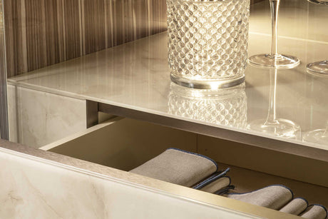 Luce Beige Nightstand with champagne metal legs and high gloss finish