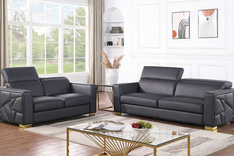 Astra dark navy leather loveseat with gold accents, frontal view