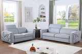 Light Blue Italian Leather Match Loveseat with silver accents