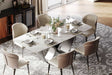 Amara dining table front angle showing white sintered stone tabletop