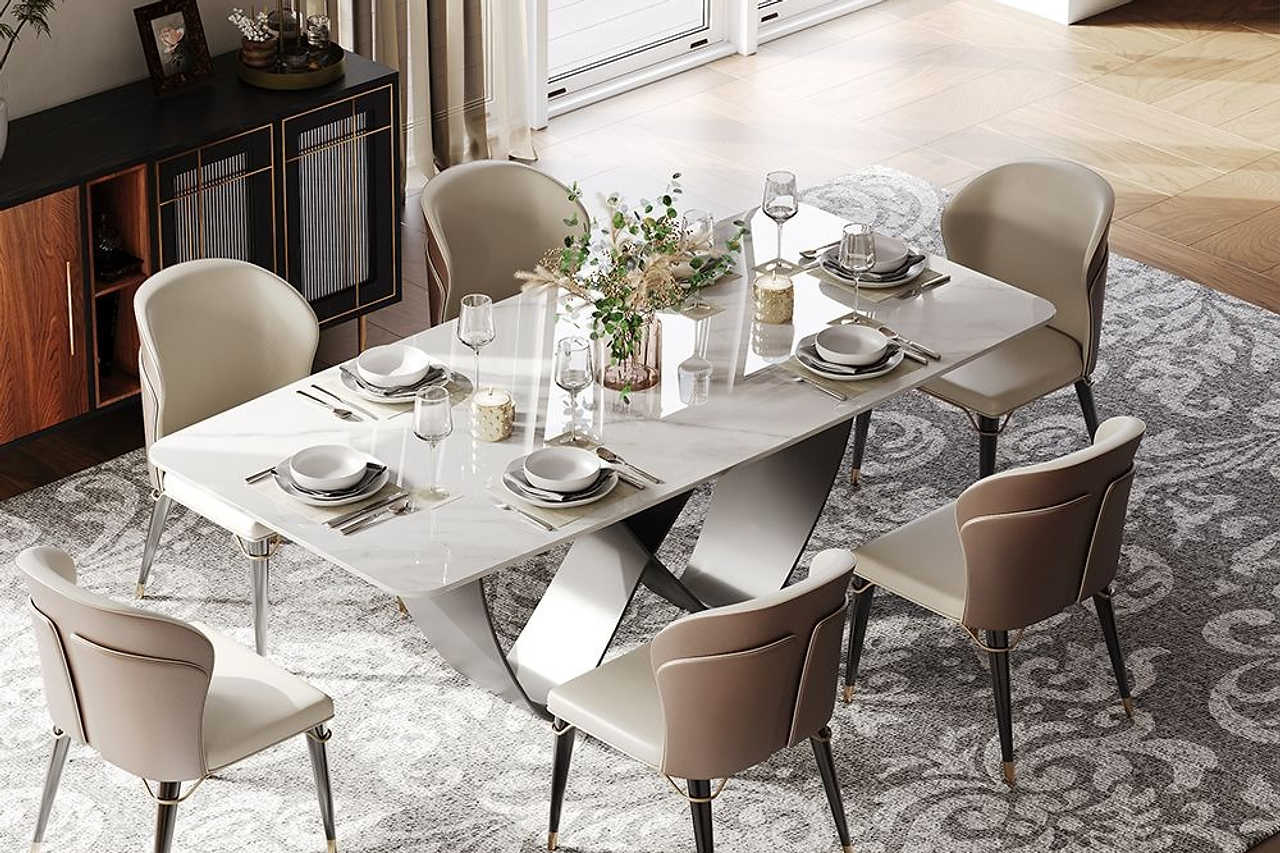 Amara dining table front angle showing white sintered stone tabletop