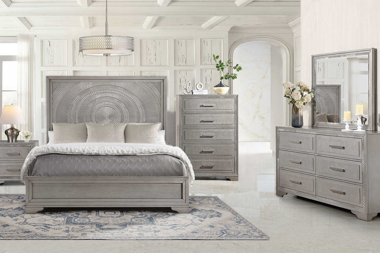 side view of Miramar Gray Panel Bedroom Set bed