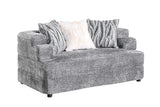 Angled front view of Stepso charcoal boucle sofa and loveseat