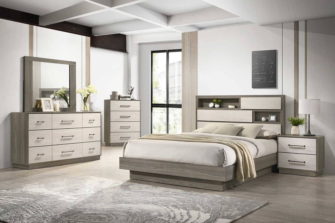 main view of River Light Gray Bookcase Platform Bedroom Set bed
