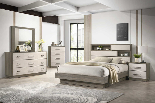 main view of River Light Gray Bookcase Platform Bedroom Set bed