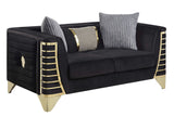 Loveseat side profile with velvet fabric and gold accents