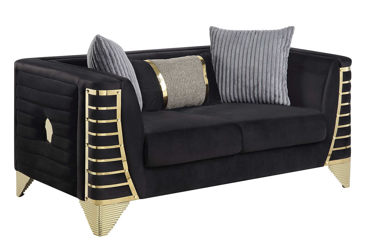 Loveseat side profile with velvet fabric and gold accents