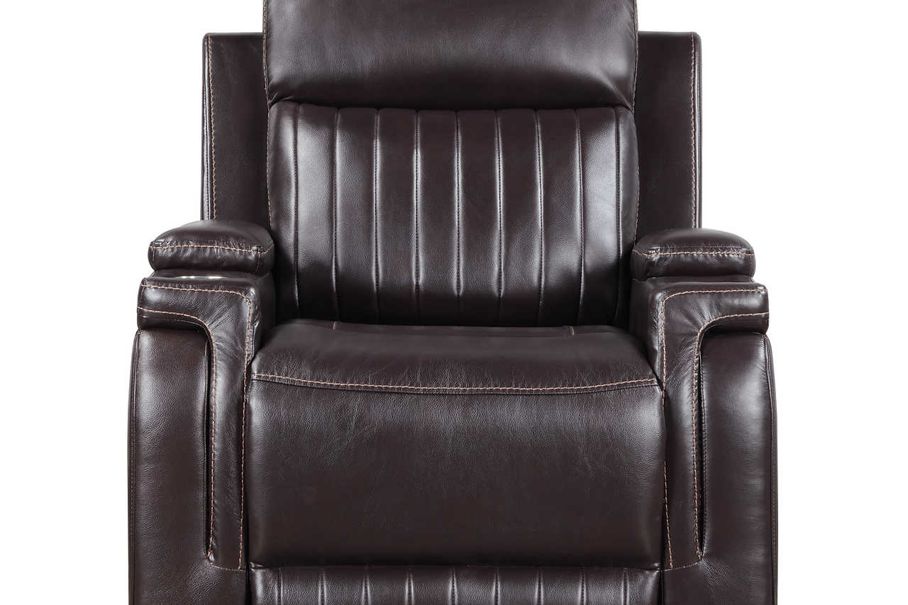 Power outlet detail on Ethan Brown reclining sofa