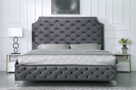 Leilah grey velvet upholstered tufted queen bed angled side view