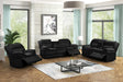 Mellow reclining sofa in black thick stripe fabric with drop-down table and charging ports