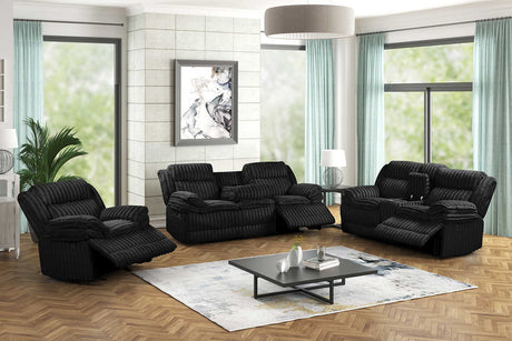 Mellow reclining sofa in black thick stripe fabric with drop-down table and charging ports