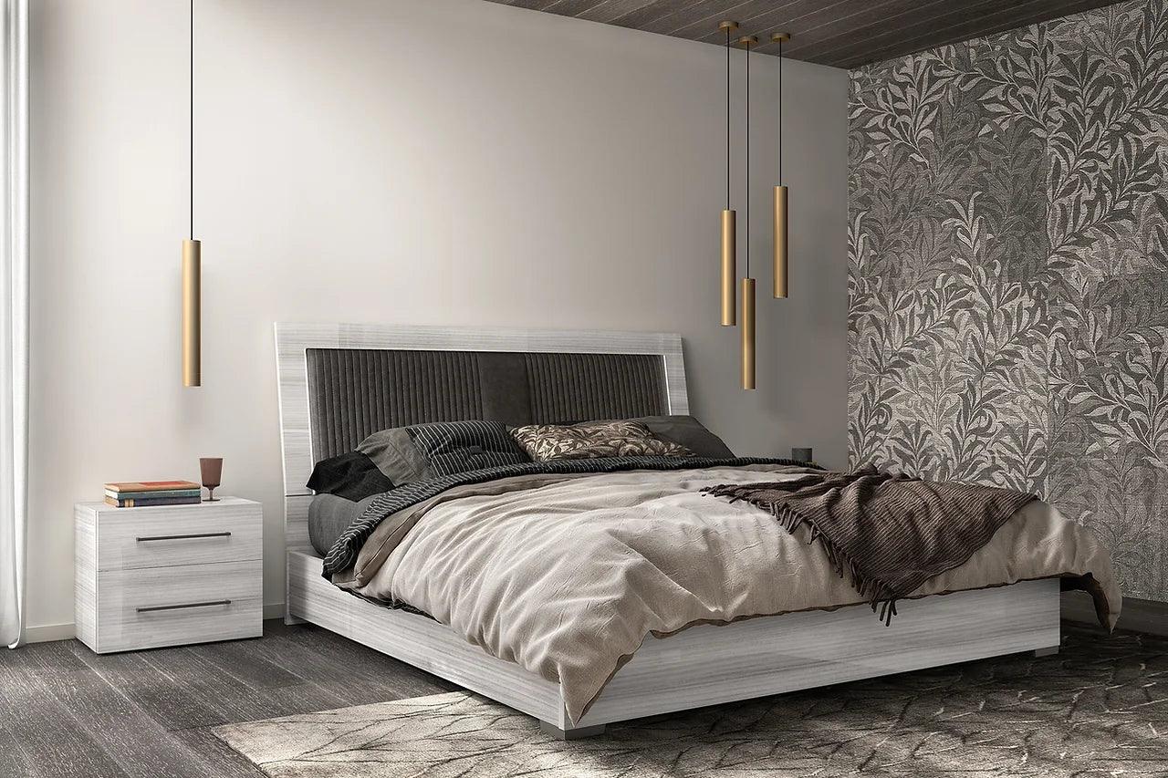 Bedroom view with Mia Light Gray Upholstered Sleigh Bed