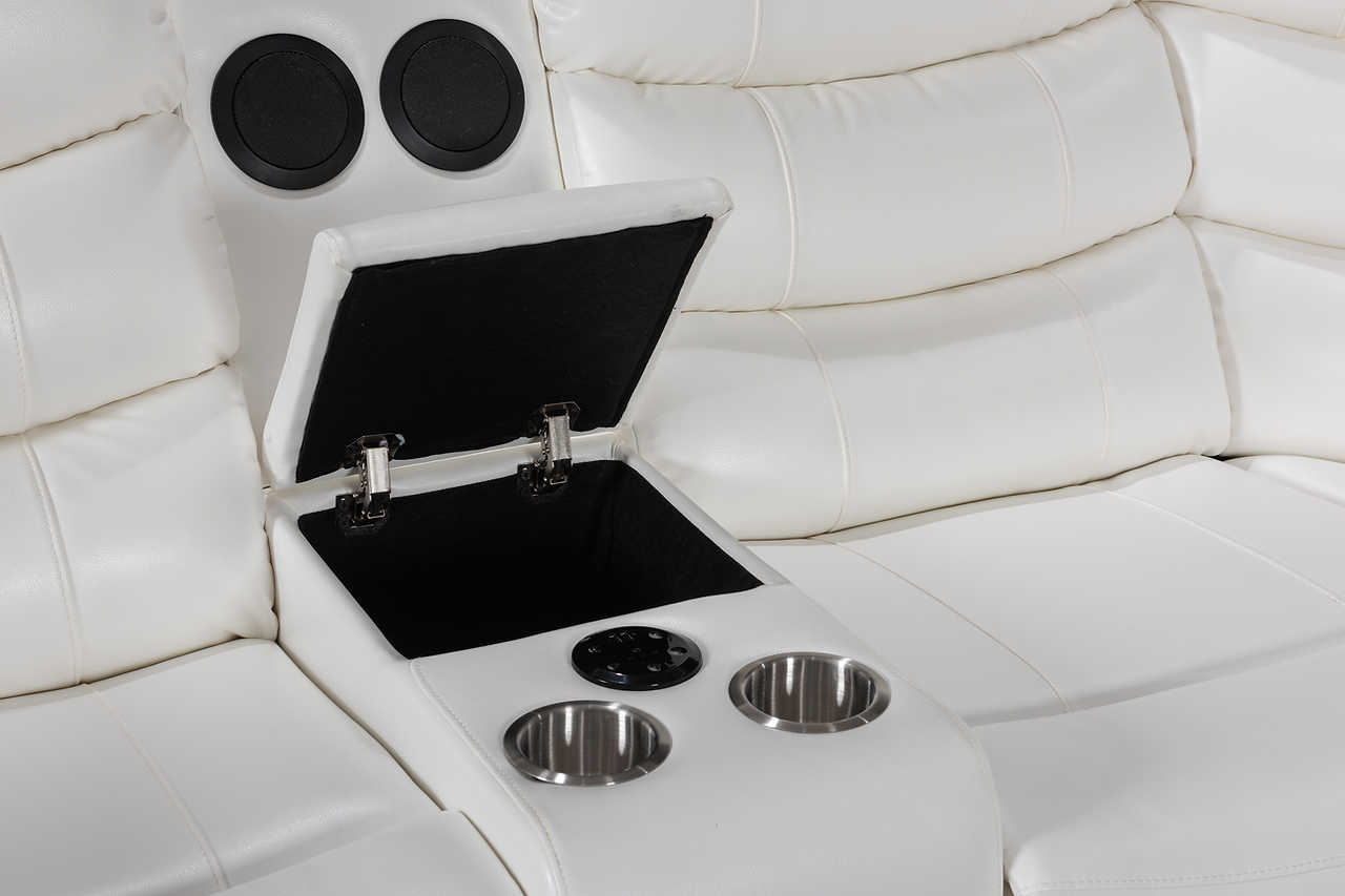 Storage console with USB and Bluetooth speaker in white sectional