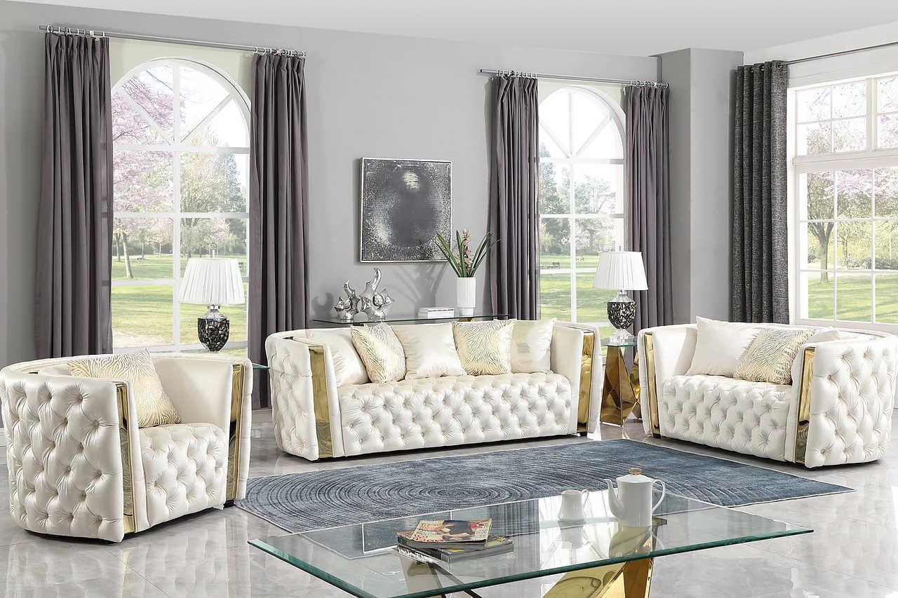 main view of Roka White Tufted Reclining Living Room Set furniture