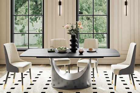 Lexi dining table front view with matte black stone top and U-shaped black steel base