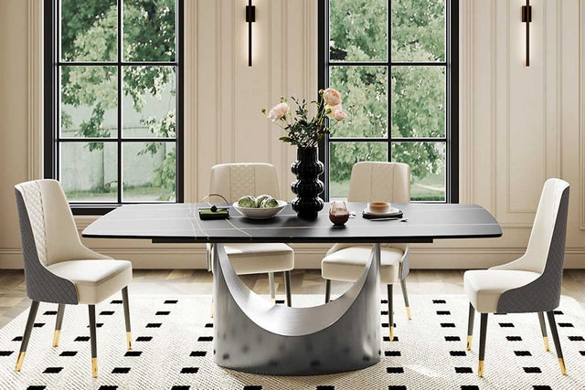 Lexi dining table front view with matte black stone top and U-shaped black steel base