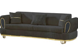 Close-up of velvet upholstery and gold leg design on Kelebek chair