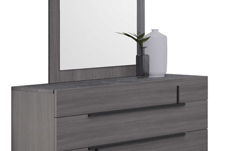 Side angle of Sunrise Italian Bedroom Set showing bed and nightstand