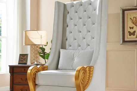 Throne White 62.5 inch tall accent chair with gold accents side angle
