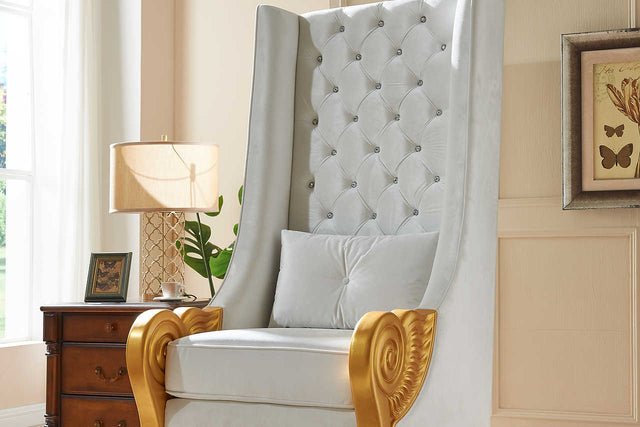 Throne White 62.5 inch tall accent chair with gold accents side angle