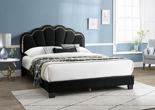 Gul black upholstered king platform bed, front view