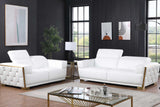 Hexor white sofa with brushed gold accents side angle