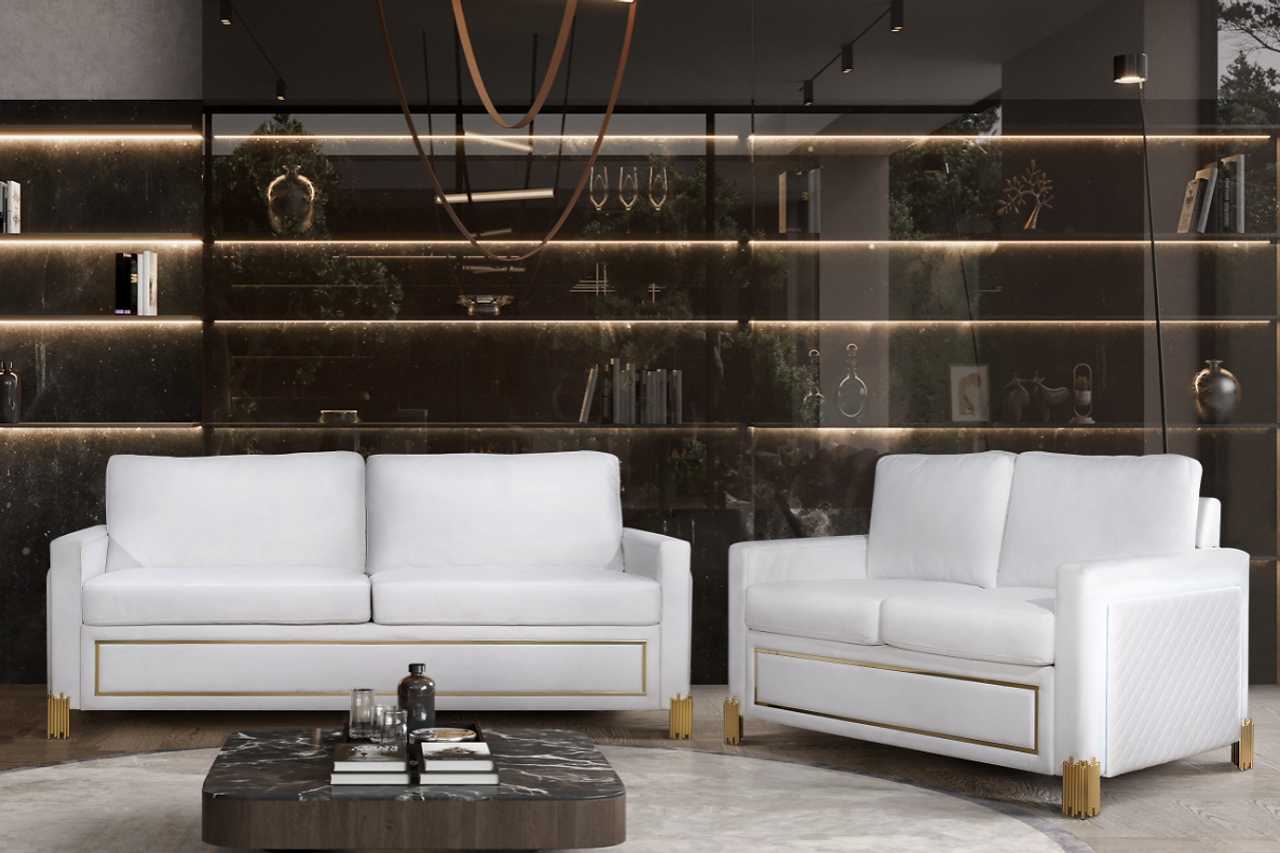 Side view of Glamor White Gold Velvet Living Room Sofa and Loveseat