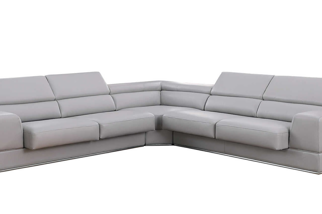 Close-up detail of Pella Light Grey Leather Sectional upholstery