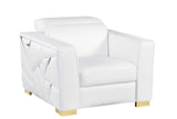 Back view of Astra white leather sofa with gold trim