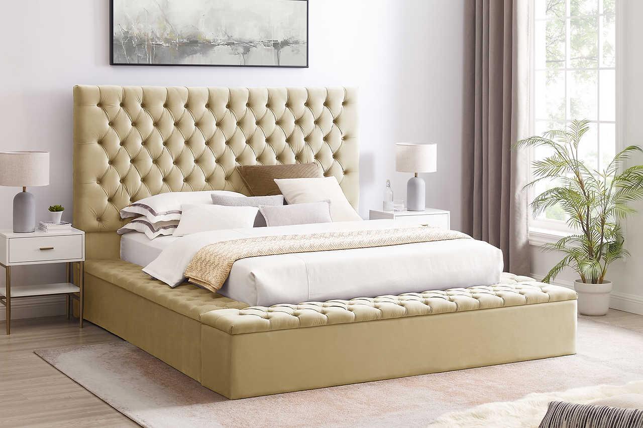 Cataline dark beige velvet upholstered tufted queen bed front angle