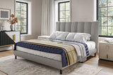 Queen upholstered bed in gray, bedroom setting