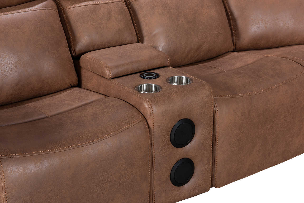 Close-up of Romi sectional console with Bluetooth speaker and cupholder
