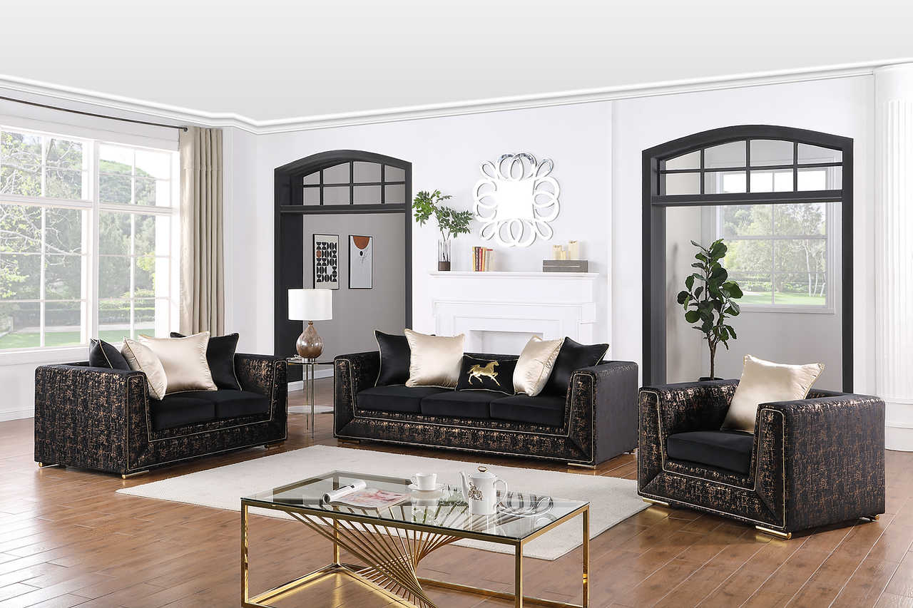 Konya Black Gold Velvet living room sofa set front view
