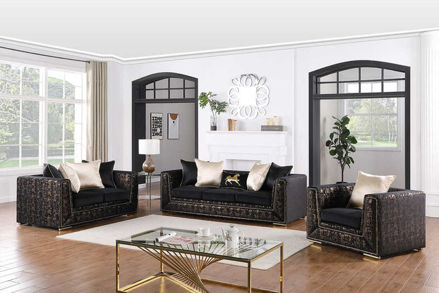 Konya Black Gold Velvet living room sofa set front view