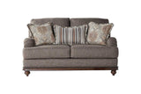 Full view of Driftwood Brown Gray Upholstered Chair with tapered legs