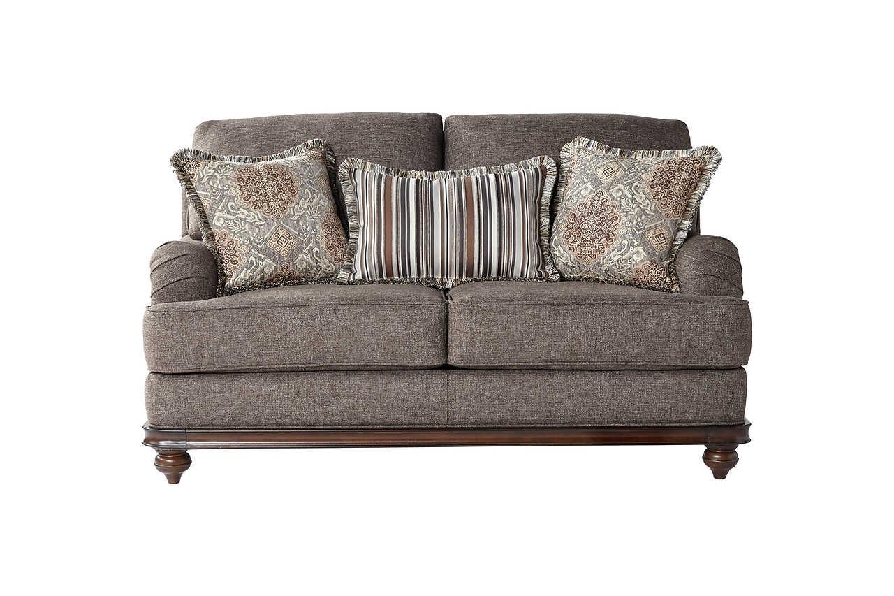 Side angle of driftwood brown and gray fabric upholstered sofa and loveseat
