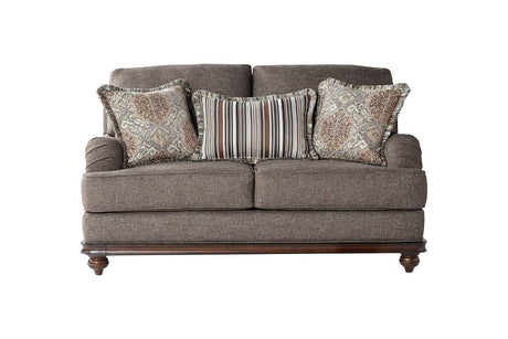 Driftwood Brown Gray Fabric Upholstered Loveseat with wood trim - angled side view