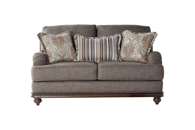 Driftwood Brown Gray Fabric Upholstered Loveseat with wood trim - angled side view