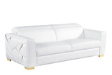 Astra white leather chair with gold accents, angled view