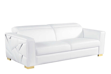Astra white leather chair with gold accents, angled view