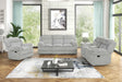 Mellow grey fabric reclining sofa with drop down table and charging ports