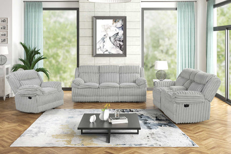 Mellow grey fabric reclining sofa with drop down table and charging ports