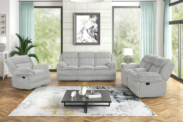 Mellow grey fabric reclining sofa with drop down table and charging ports