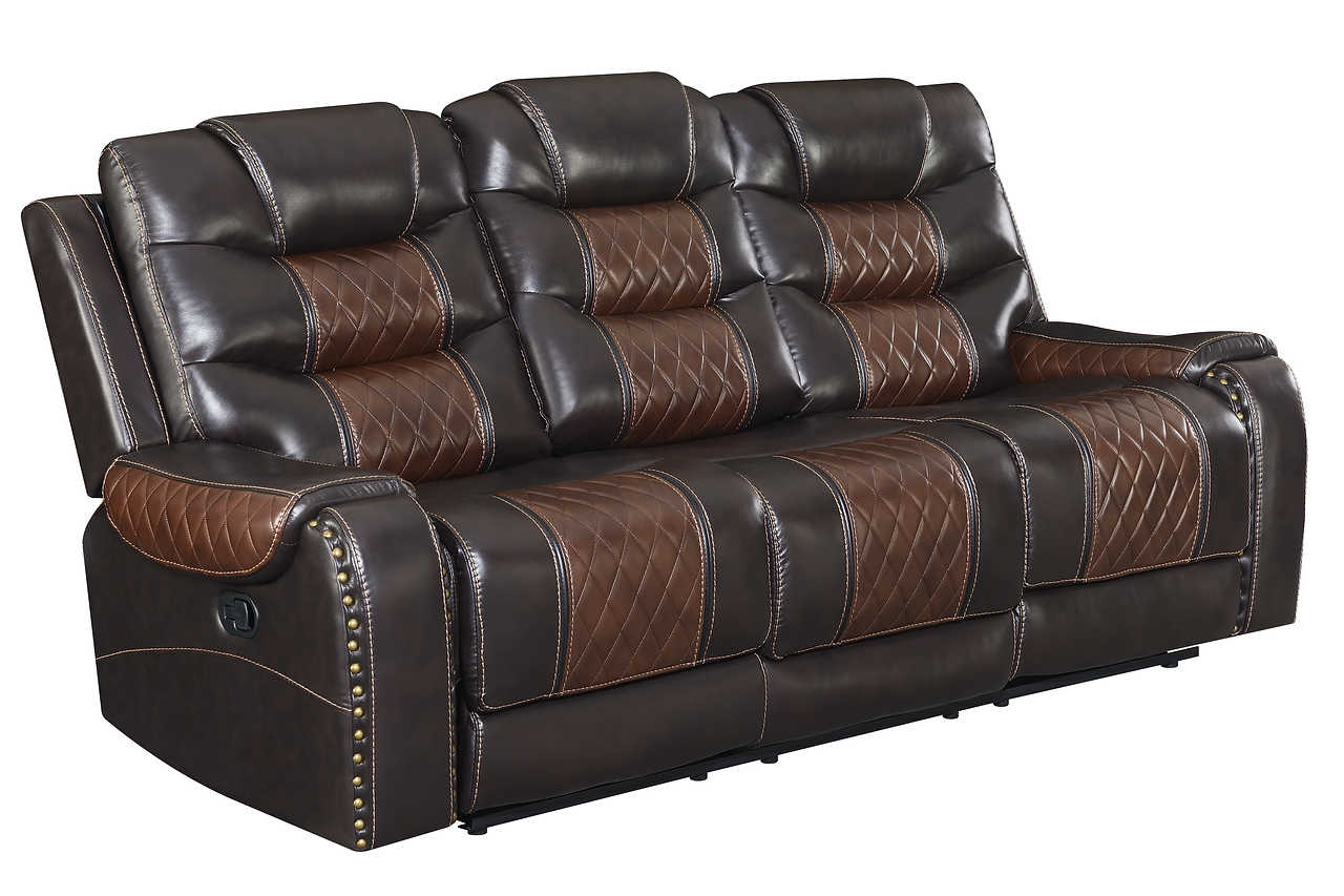 Phoenix brown faux leather reclining loveseat with cupholders front view
