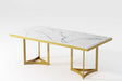 Bura 79 inch white faux marble dining table angled side view